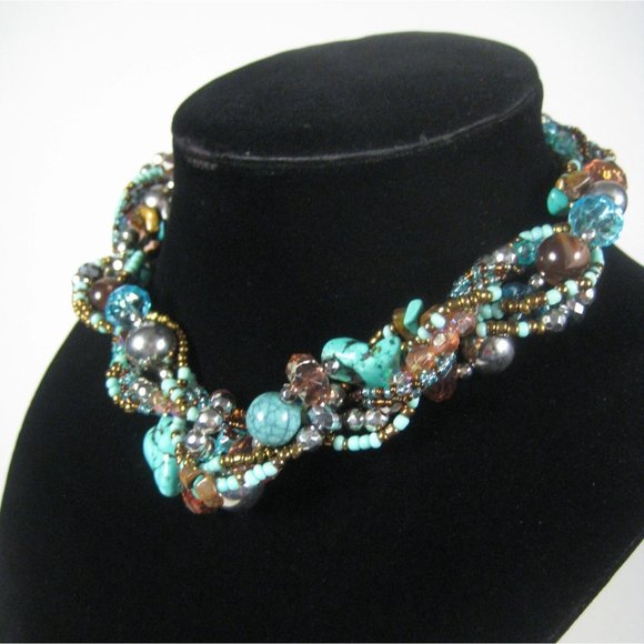 Set 3 Necklace  18 in Earrings Silvertone Multi- Strand Beaded Faux Stone Plasti - Picture 8 of 12